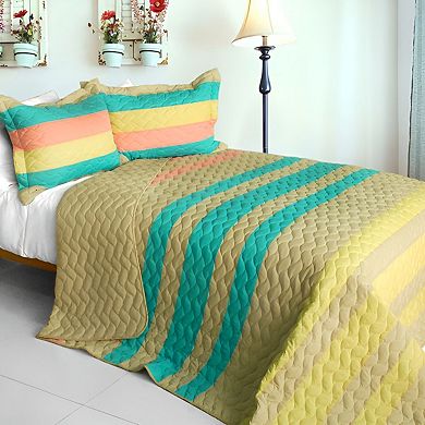 3 Piece Reversible Cotton Quilt Set Wave Stripe Design Bedspread Set with Shams