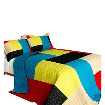 3 pc Cotton Bedspread Set Color-Block Quilt Reversible Bedding Set with Pillow Shams