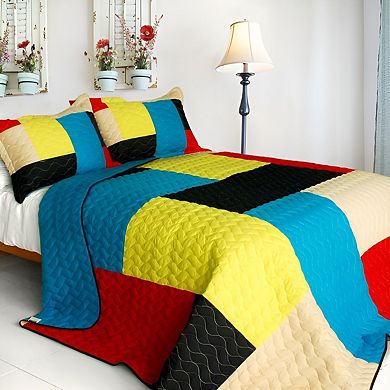 3pc Cotton Bedspread Set Color-Block Quilt Reversible Bedding Set with Pillow Shams