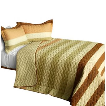 3 pc Patchwork Quilt Set Cotton Bedding Horizontal Stripe Wave Reversible Bedspread Set with Shams