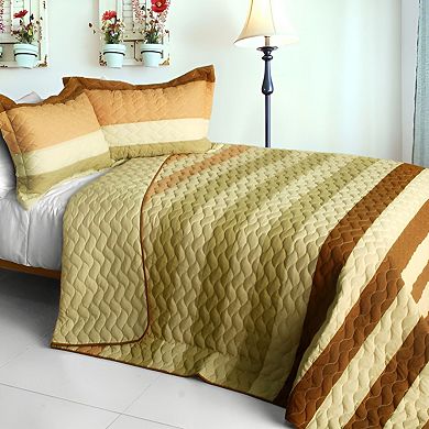 3Pc Patchwork Quilt Set Cotton Bedding Horizontal Stripe Wave Reversible Bedspread Set with Shams