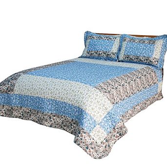 3 pc Reversible Cotton Quilt Bedding Set with Vermicelli Stitching Printed Design Bedspread