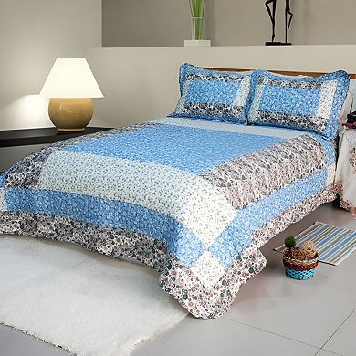3PC Reversible Cotton Quilt Bedding Set with Vermicelli Stitching Printed Design Bedspread