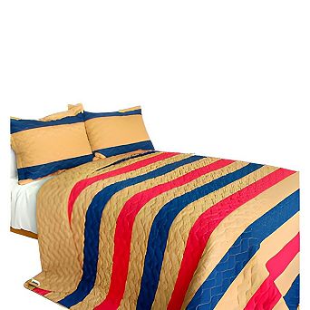 3 pc Cotton Horizontal Stripe Wave Patchwork Quilt Set Reversible Bedspread with Pillow Shams