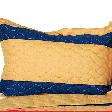 3 Piece Cotton Horizontal Stripe Wave Patchwork Quilt Set Reversible Bedspread with Pillow Shams