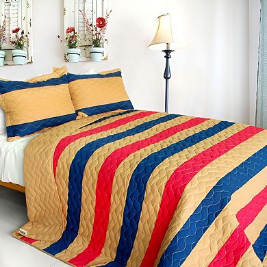3 Piece Cotton Horizontal Stripe Wave Patchwork Quilt Set Reversible Bedspread with Pillow Shams