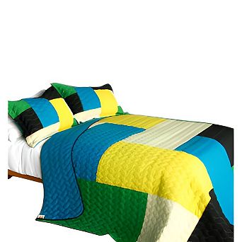 3 pc Reversible Cotton Quilt Set Color-Block Pattern Bedspread Set with Shams