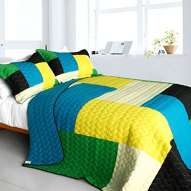 3pc Reversible Cotton Quilt Set Color-Block Pattern Bedspread Set with Shams