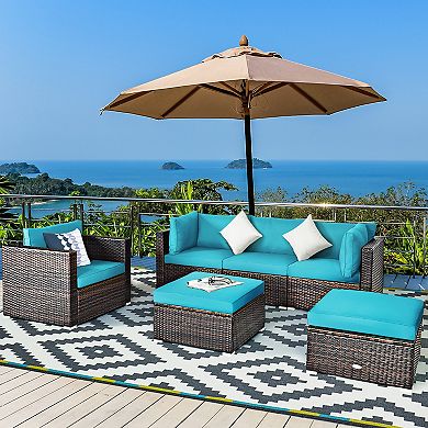 Costway 6PCS Patio Rattan Furniture Set Cushion Sofa Coffee Table Ottoman