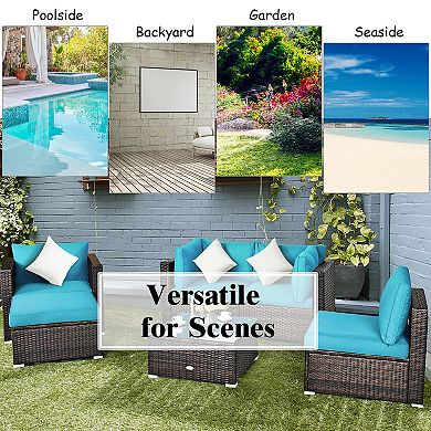 Costway 6PCS Patio Rattan Furniture Set Cushion Sofa Coffee Table Ottoman