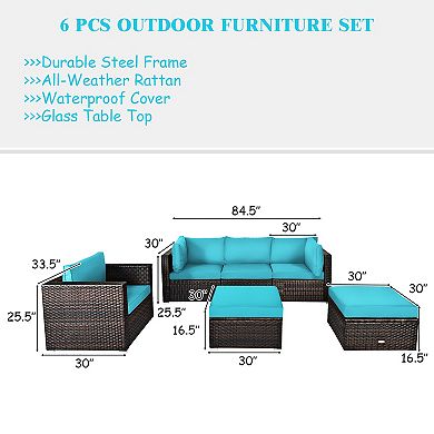 Costway 6PCS Patio Rattan Furniture Set Cushion Sofa Coffee Table Ottoman