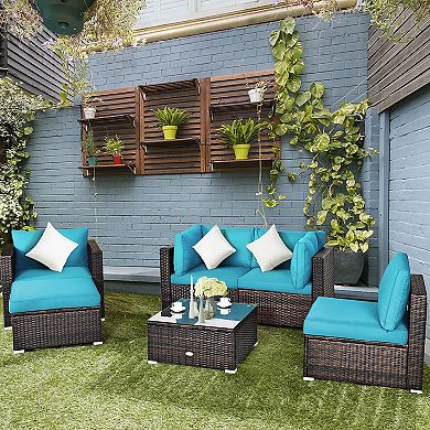 Costway 6PCS Patio Rattan Furniture Set Cushion Sofa Coffee Table Ottoman