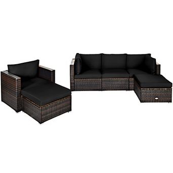 Costway 6 pc Patio Rattan Furniture Set Cushion Sofa Coffee Table Ottoman