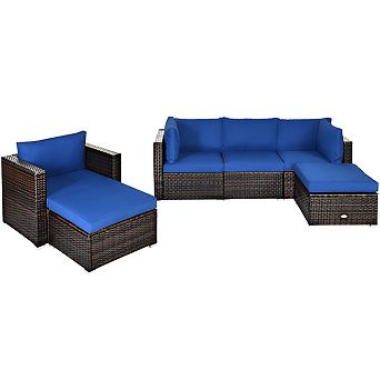 Costway 6 pc Patio Rattan Furniture Set Cushion Sofa Coffee Table Ottoman