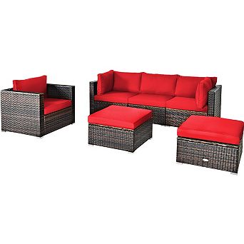 Costway 6 pc Patio Rattan Furniture Set Cushion Sofa Coffee Table Ottoman