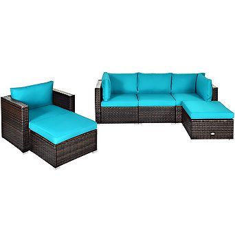 Costway 6 pc Patio Rattan Furniture Set Cushion Sofa Coffee Table Ottoman