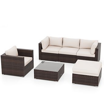 Costway 6 pc Patio Rattan Furniture Set Cushion Sofa Coffee Table Ottoman