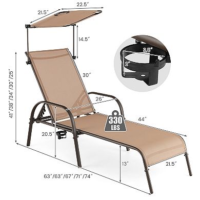 Costway Patio Heavy-Duty Chaise Lounge 5-Level Adjustable Outdoor Recliner Canopy Cup