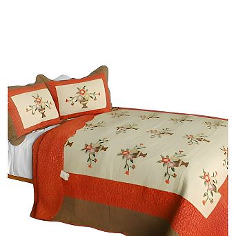 3 pc Floral Cotton Quilt Bedding with Vermicelli Stitching Pattern and Matching Quilted Shams