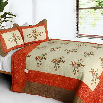 3 Piece Floral Cotton Quilt Bedding with Vermicelli Stitching Pattern and Matching Quilted Shams