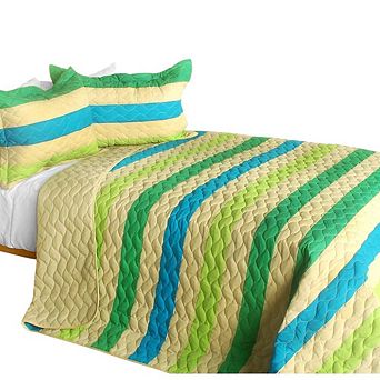 3 pc Stripe Pattern Patchwork Quilt Set Cotton Vermicelli Quilted Bedspread Bedding Set