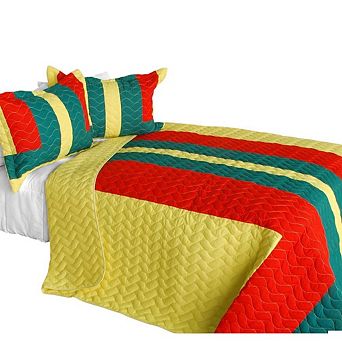 Full Queen Reversible Patchwork Quilt Set 3 pc Vermicelli Stitch Bedding