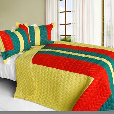Full Queen Reversible Patchwork Quilt Set 3 Piece Vermicelli Stitch Bedding
