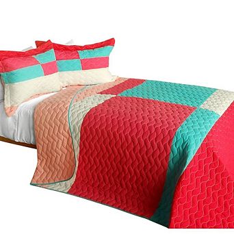 3 pc Reversible Color Block Quilt Cotton Patchwork Vermicelli Quilted Bedding Set with Pillow Shams