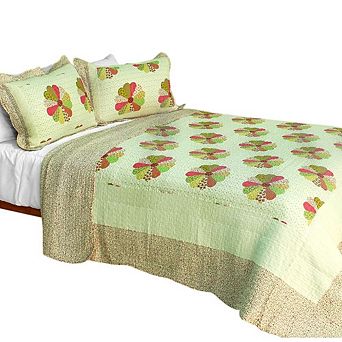 3 pc Floral Round Pattern Cotton Quilt Bedding Vermicelli Stitch Texture with Matching Quilted Shams