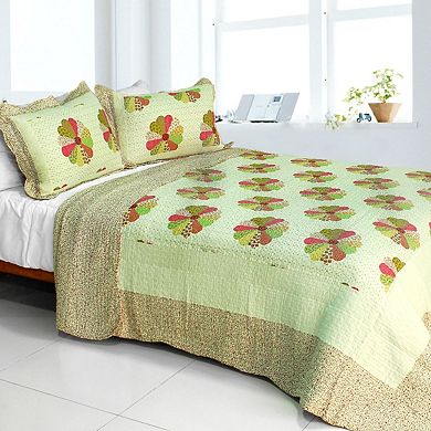 3Pc Floral Round Pattern Cotton Quilt Bedding Vermicelli Stitch Texture with Matching Quilted Shams