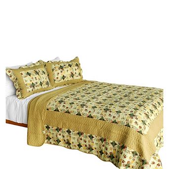 3 pc Geometric Print Cotton Bed Quilt Set with Detailed Stitch Design and Coordinated Pillow Shams