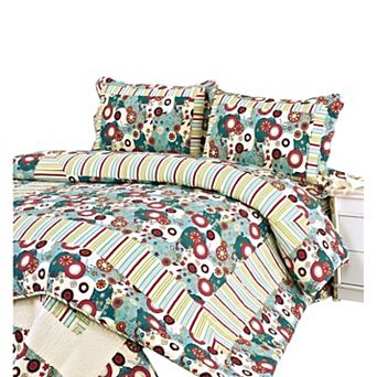 3 pc Botanical Floral Quilt Bedding Cotton with Vermicelli Stitch Detail and Coordinated Pillow Shams