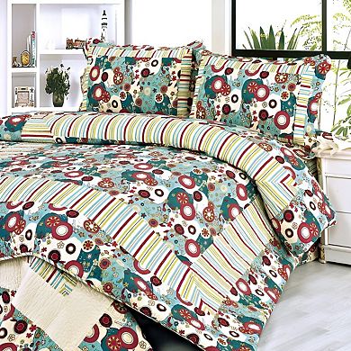 3pc Botanical Floral Quilt Bedding Cotton with Vermicelli Stitch Detail and Coordinated Pillow Shams