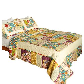 3 pc Floral Cotton Quilt Bedding Set with Vermicelli Stitch Texture and Quilted Shams