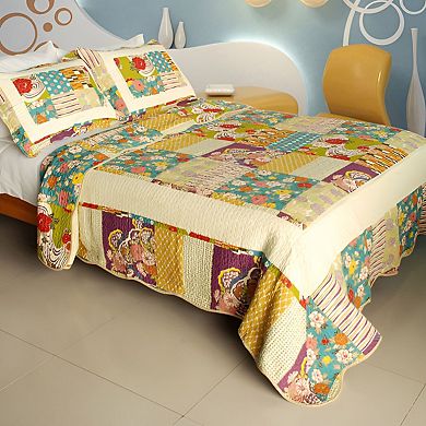 3 Piece Floral Cotton Quilt Bedding Set with Vermicelli Stitch Texture and Quilted Shams