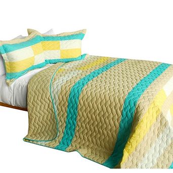 3 pc Horizontal Stripe Patchwork Quilt Set Cotton Vermicelli Quilted Bedspread Bedding Set