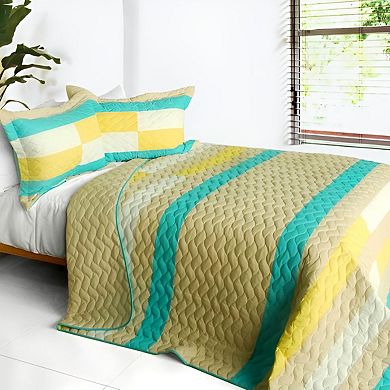 3pc Horizontal Stripe Patchwork Quilt Set Cotton Vermicelli Quilted Bedspread Bedding Set