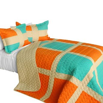 Full Queen 3 pc Patchwork Quilt Set Reversible Bedspread Vermicelli Stitch