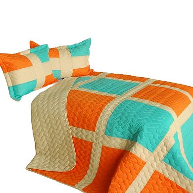 Full Queen 3 Piece Patchwork Quilt Set Reversible Bedspread Vermicelli Stitch