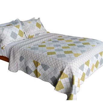 3 pc Geometric Cotton Quilt Bedding Set Vermicelli Stitch Texture with Matching Quilted Shams