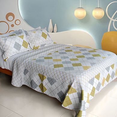 3 Piece Geometric Cotton Quilt Bedding Set Vermicelli Stitch Texture with Matching Quilted Shams