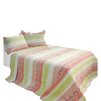3 pc Floral Print Bed Quilt Cotton with Detailed Stitch Pattern and Coordinated Shams