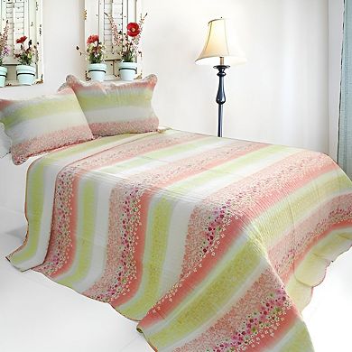 3 Piece Floral Print Bed Quilt Cotton with Detailed Stitch Pattern and Coordinated Shams