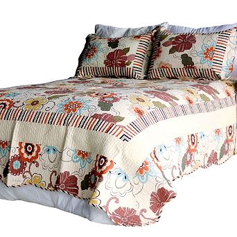 Full Queen 3 pc Reversible Quilt Set Floral Printed Cotton Bedspread Set