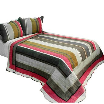 3 pc Multicolor Stripe Cotton Quilt Bedding Set Vermicelli Stitch Texture with Matching Quilted Shams