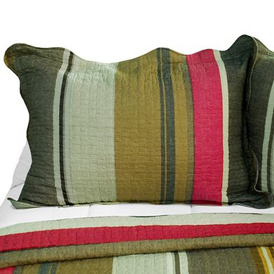 3Pc Multicolor Stripe Cotton Quilt Bedding Set Vermicelli Stitch Texture with Matching Quilted Shams