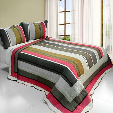 3Pc Multicolor Stripe Cotton Quilt Bedding Set Vermicelli Stitch Texture with Matching Quilted Shams