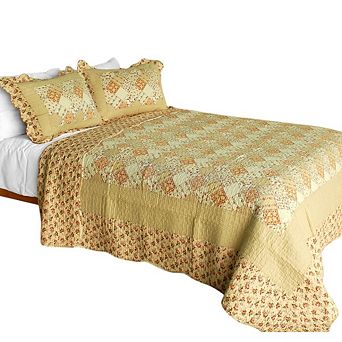 3 pc Floral Cotton Bed Quilt Set with Stitched Texture and Matching Pillow Shams