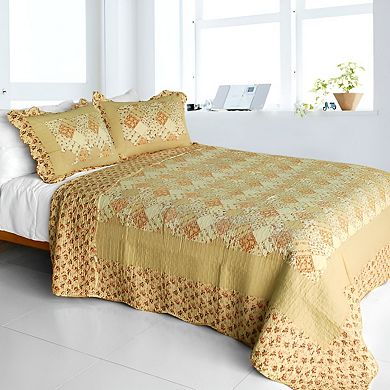 3 Piece Floral Cotton Bed Quilt Set with Stitched Texture and Matching Pillow Shams