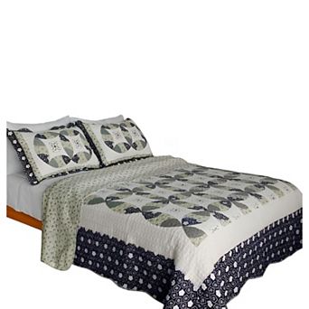 3 pc Floral Quilt Bedding Cotton with Vermicelli Stitch Texture and Matching Quilted Shams